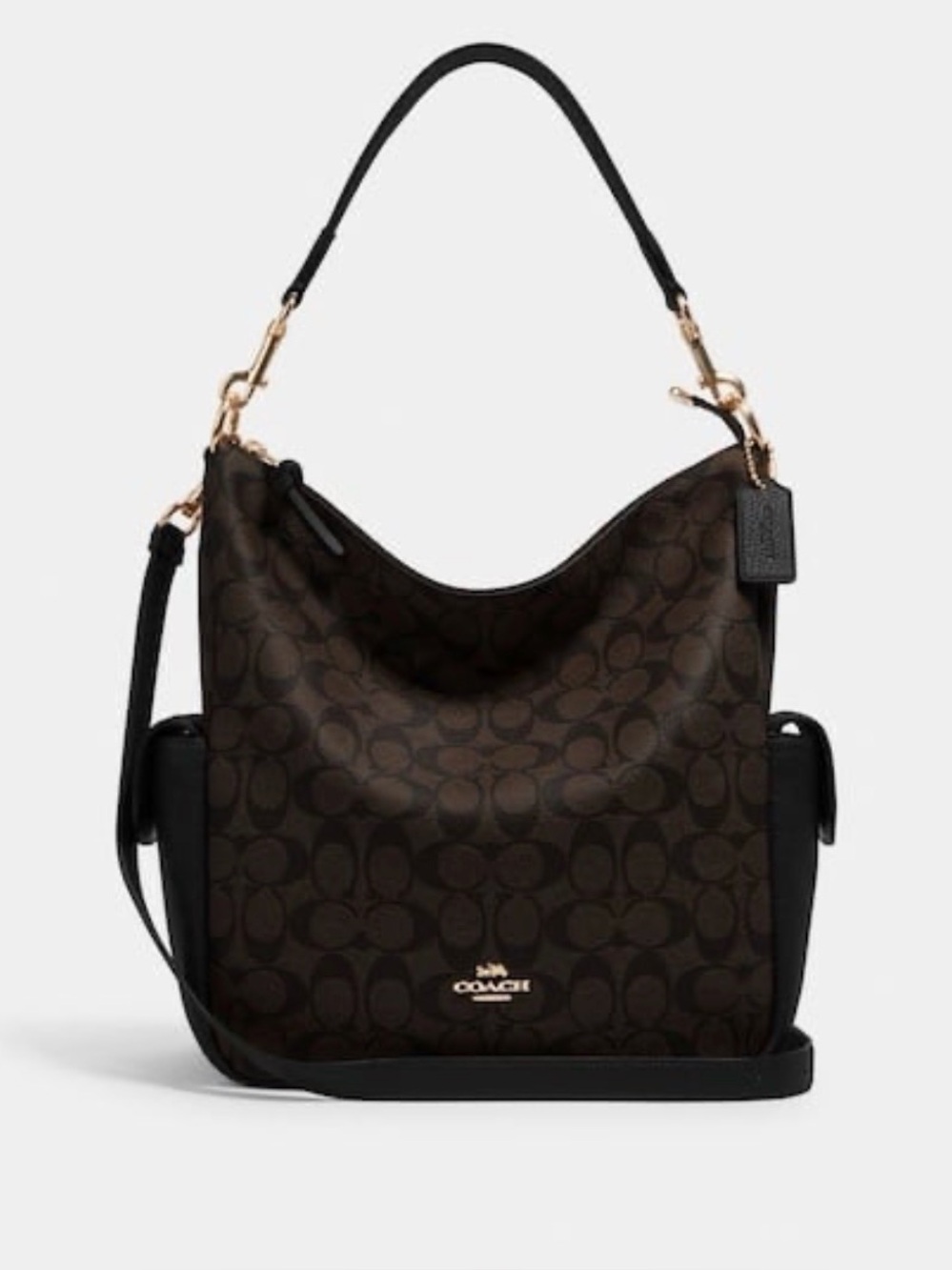 Coach Brown Signature Canvas Shoulder Bag with Black Trim and Gold Hardware